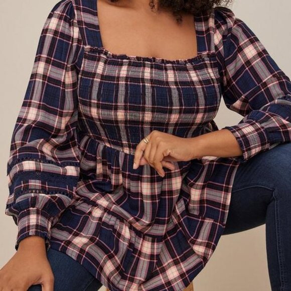 torrid Tops - Torrid Babydoll w/ Lace Insert Smocked Tiered Top Blue/Pink Plaid SZ 4 ( 26) EUC